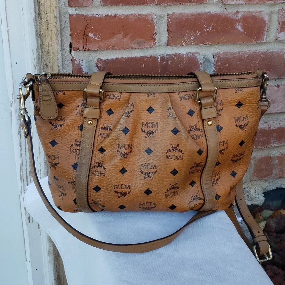 MCM Cognac Visetos Monogram Leather Tote